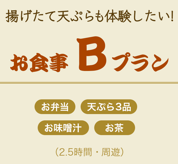 お食事Bプラン[お弁当・天ぷら3品・お味噌汁・お茶]（2.5時間・周遊）